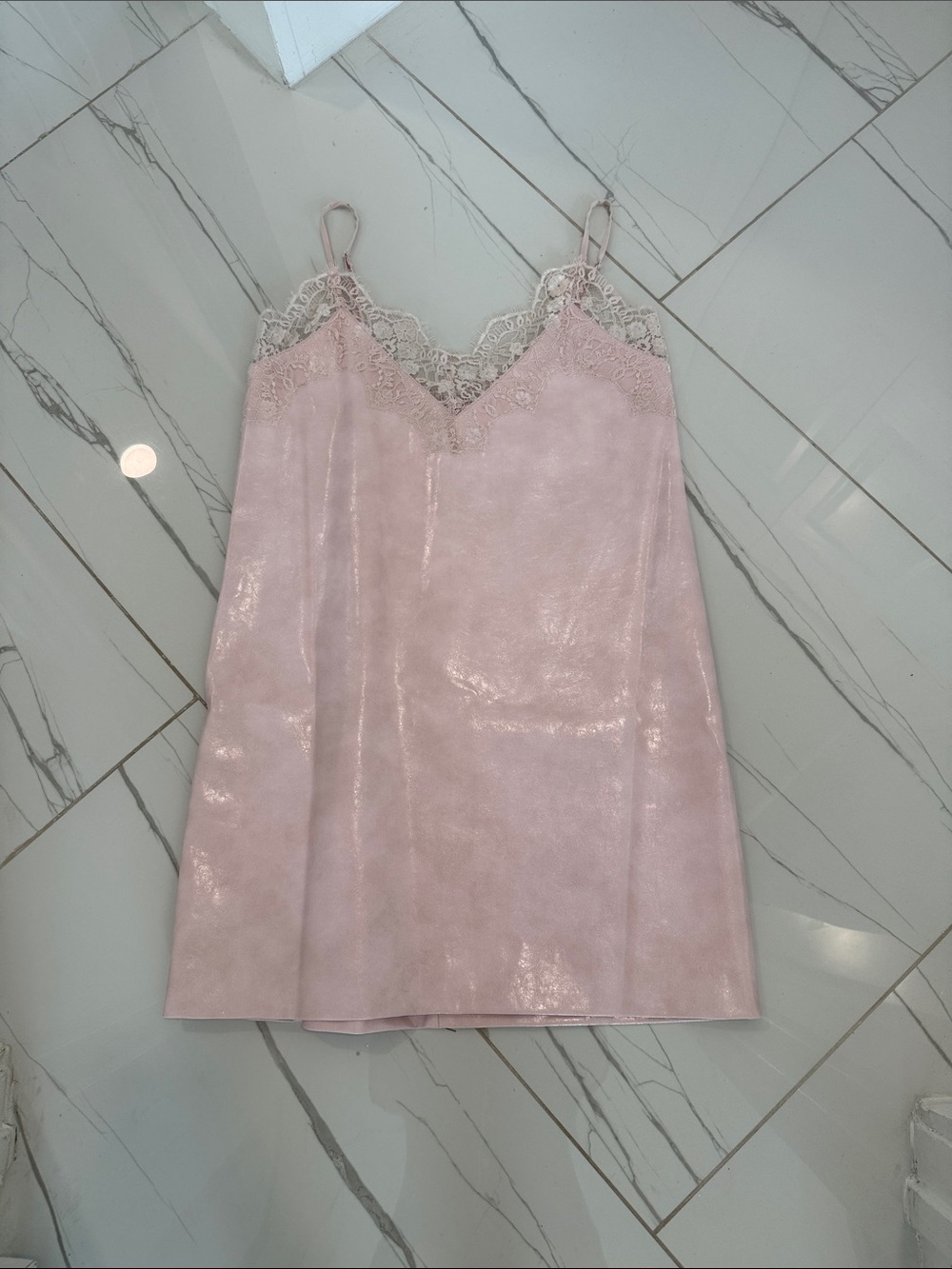 Lace-Trim Satin Mini Slip Dress in Soft Pink